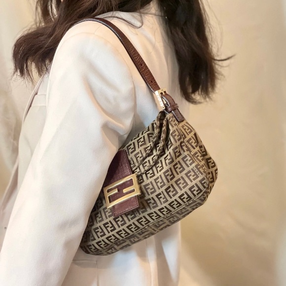 Fendi Handbags - Vintage FENDI Zucchino Double Flap Mamma Baguette Bag in Brown Gold